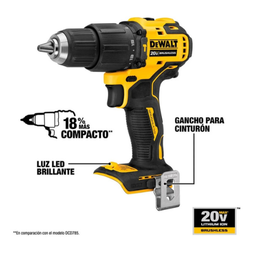 TALADRO PERCUTOR INALAMBRICO ATOMIC DEWALT BL 20V 2BAT BOLSO DCD709D2