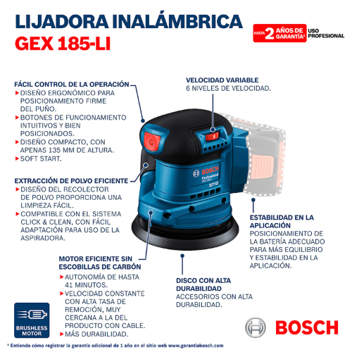 LIJADORA ROTO ORBITAL GEX 185-LI 18V BOSCH BL SIN BAT