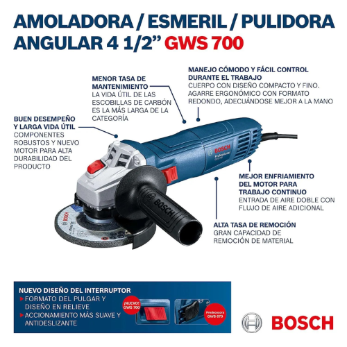 ESMERIL ANGULAR BOSCH 4.1/2 GWS 700 PRO 710W + 5 DISCOS