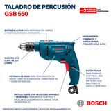 BOSCH TALADRO PERCUTOR GSB 550 RE - 550W + MALETA+ EMPUÑADUR