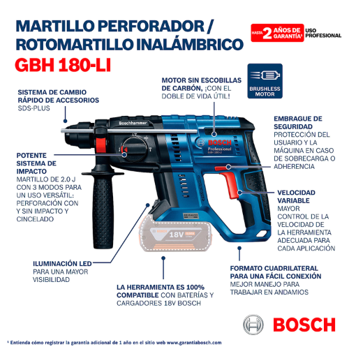 ROTOMARTILLO SDS PLUS INALAMBRICO BOSCH 18 V GBH 180-LI